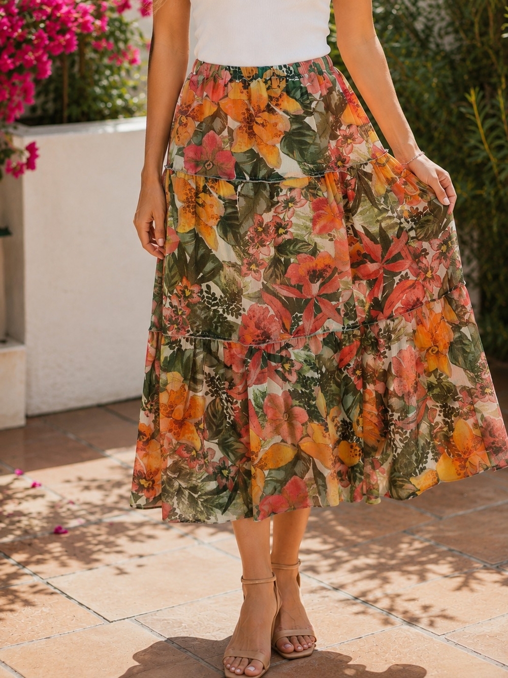 Alfred Dunner Womens Size 12 Floral Tiered Midi Skirt Elastic Waist Multicolor